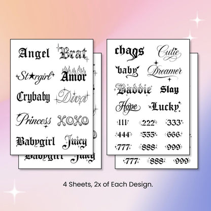 Pixel Hearts Sassy Script Temporary Tattoos | Y2K Gothic Words and Angel Numbers | Waterproof Fake Tats for Adults