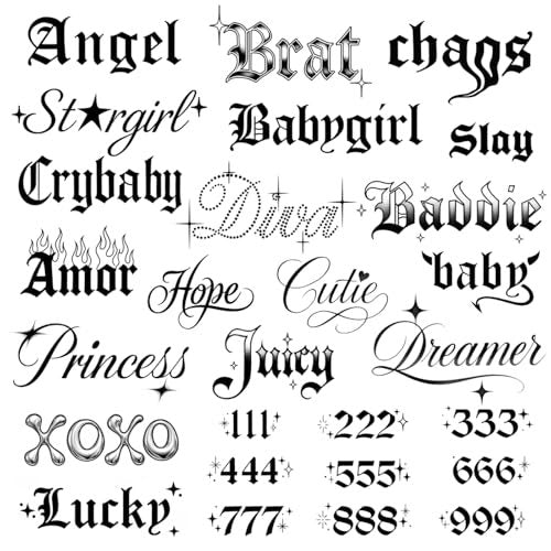 Pixel Hearts Sassy Script Temporary Tattoos | Y2K Gothic Words and Angel Numbers | Waterproof Fake Tats for Adults - görsel 2