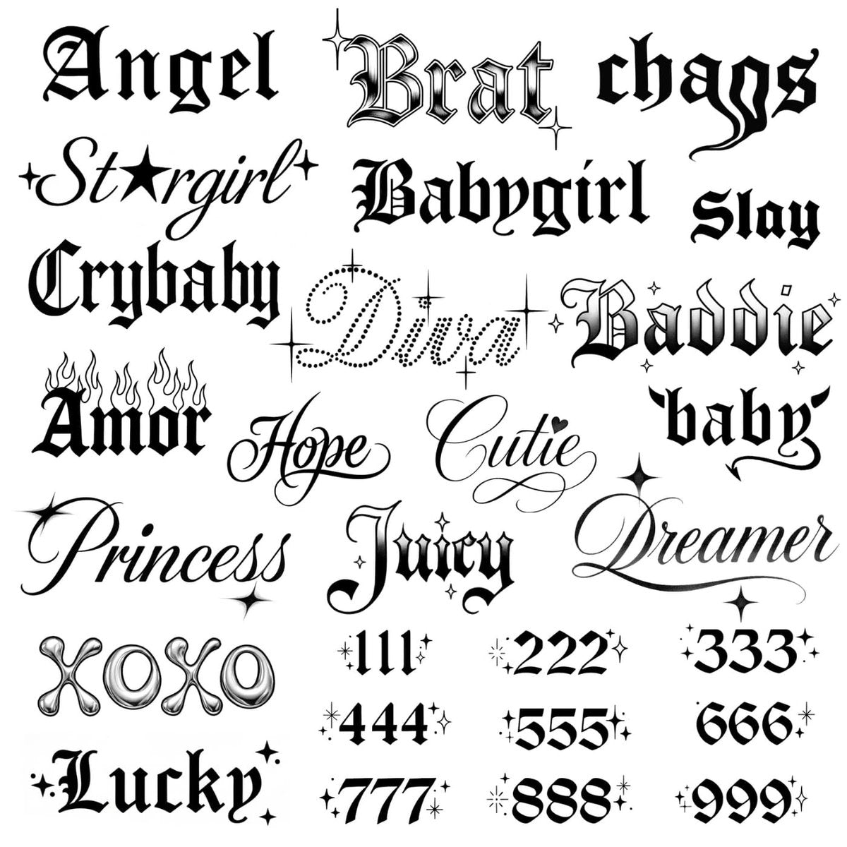 Pixel Hearts Sassy Script Temporary Tattoos | Y2K Gothic Words and Angel Numbers | Waterproof Fake Tats for Adults - görsel 1
