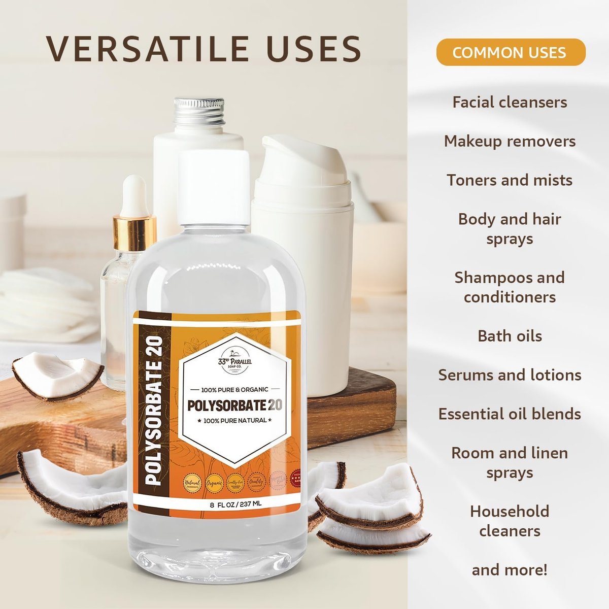 Polysorbate 20 (16oz) | USP Grade - Tween 20 Gentle Natural Emulsifier & Solubilizer for Essential Oils, Fragrances, Sprays, Lotions, Shampoos | Improves Stability & Clarity | 16 OUNCES Avelisse