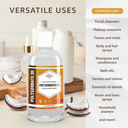 Polysorbate 20 (16oz) | USP Grade - Tween 20 Gentle Natural Emulsifier & Solubilizer for Essential Oils, Fragrances, Sprays, Lotions, Shampoos | Improves Stability & Clarity | 16 OUNCES Avelisse