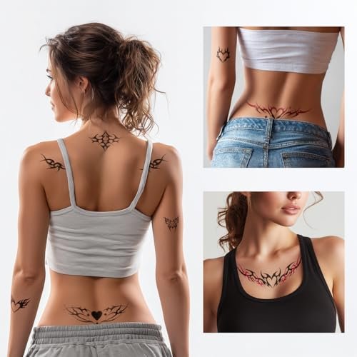 Pixel Hearts Tramp Stamp Temporary Tattoos - Y2K Edgy Cybersigilism Realistic Waterproof Fake Tats for Festival, Bachelorette, Halloween, Birthday - görsel 4
