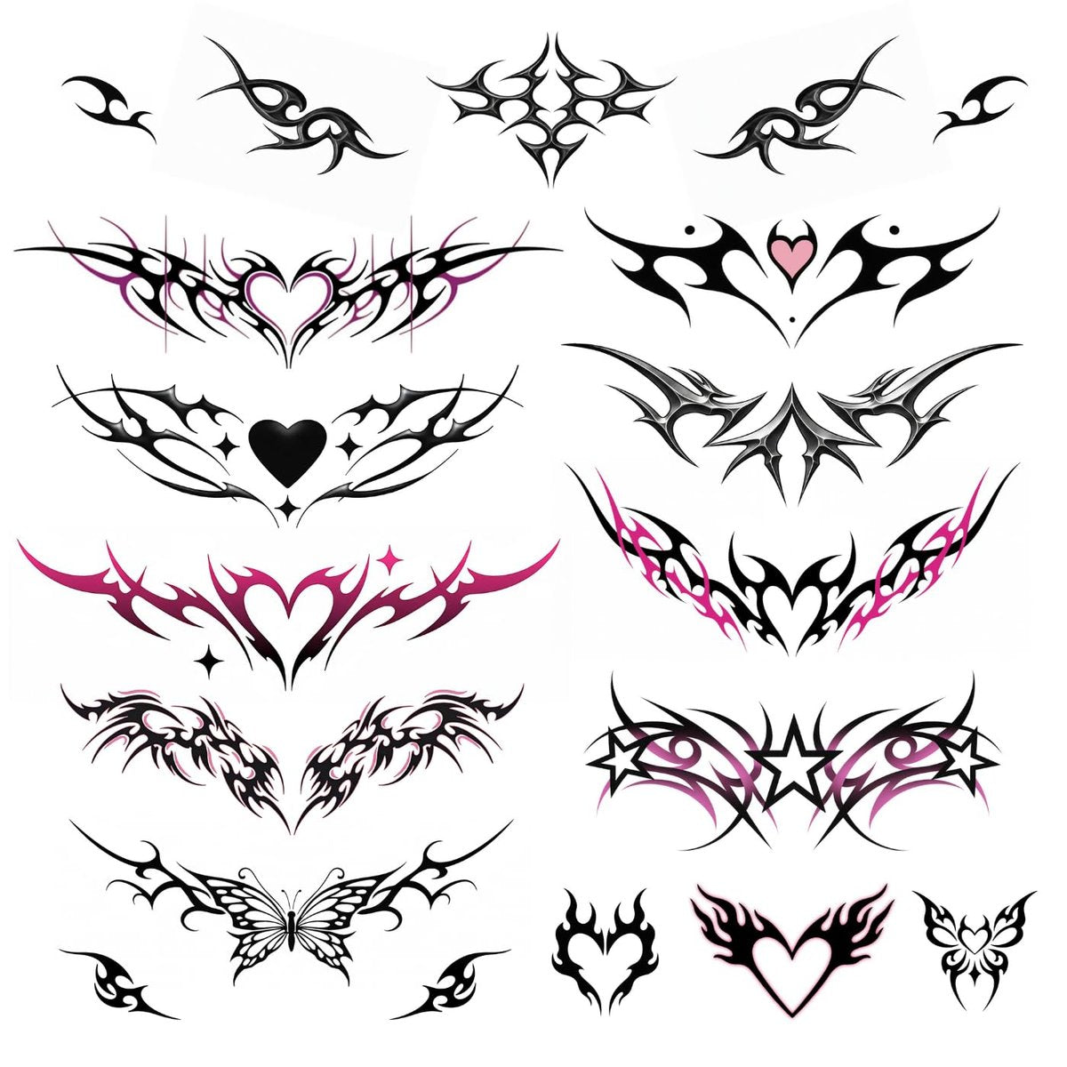 Pixel Hearts Tramp Stamp Temporary Tattoos - Y2K Edgy Cybersigilism Realistic Waterproof Fake Tats for Festival, Bachelorette, Halloween, Birthday - görsel 1