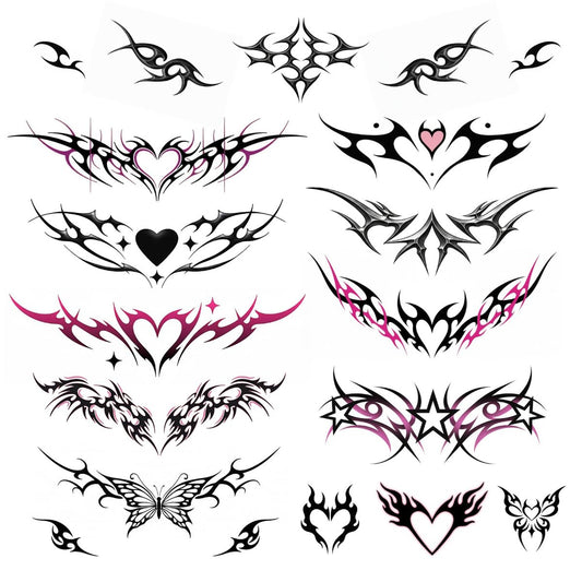 Pixel Hearts Tramp Stamp Temporary Tattoos - Y2K Edgy Cybersigilism Realistic Waterproof Fake Tats for Festival, Bachelorette, Halloween, Birthday
