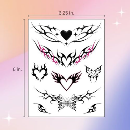 Pixel Hearts Tramp Stamp Temporary Tattoos - Y2K Edgy Cybersigilism Realistic Waterproof Fake Tats for Festival, Bachelorette, Halloween, Birthday