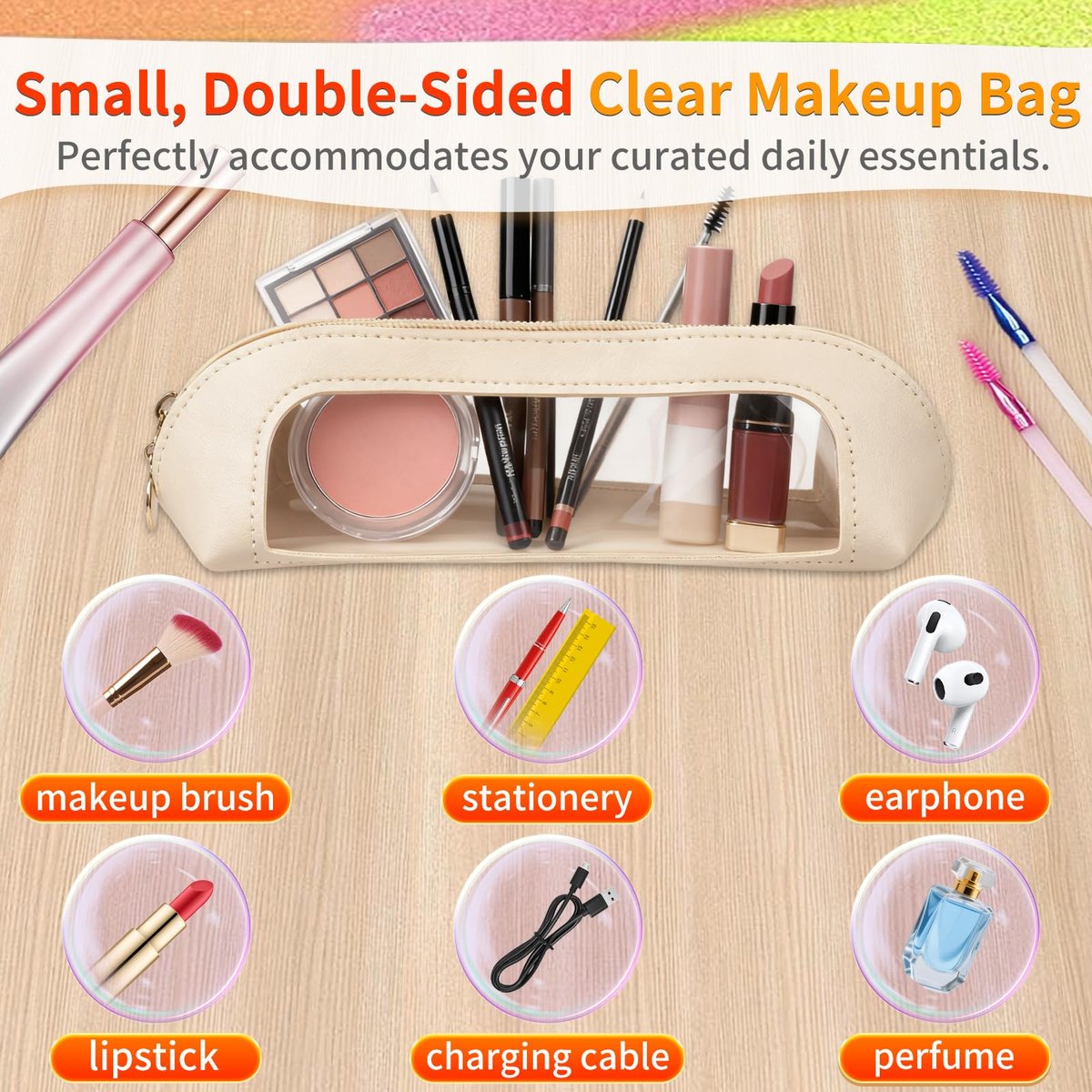 Gthiely Small Double Sided Clear Makeup Bag - Waterproof PU Leather Travel Makeup Brush Case, Cosmetic Organizer Pouch with Zipper for Women, Home, Travel & Office (White) - görsel 11