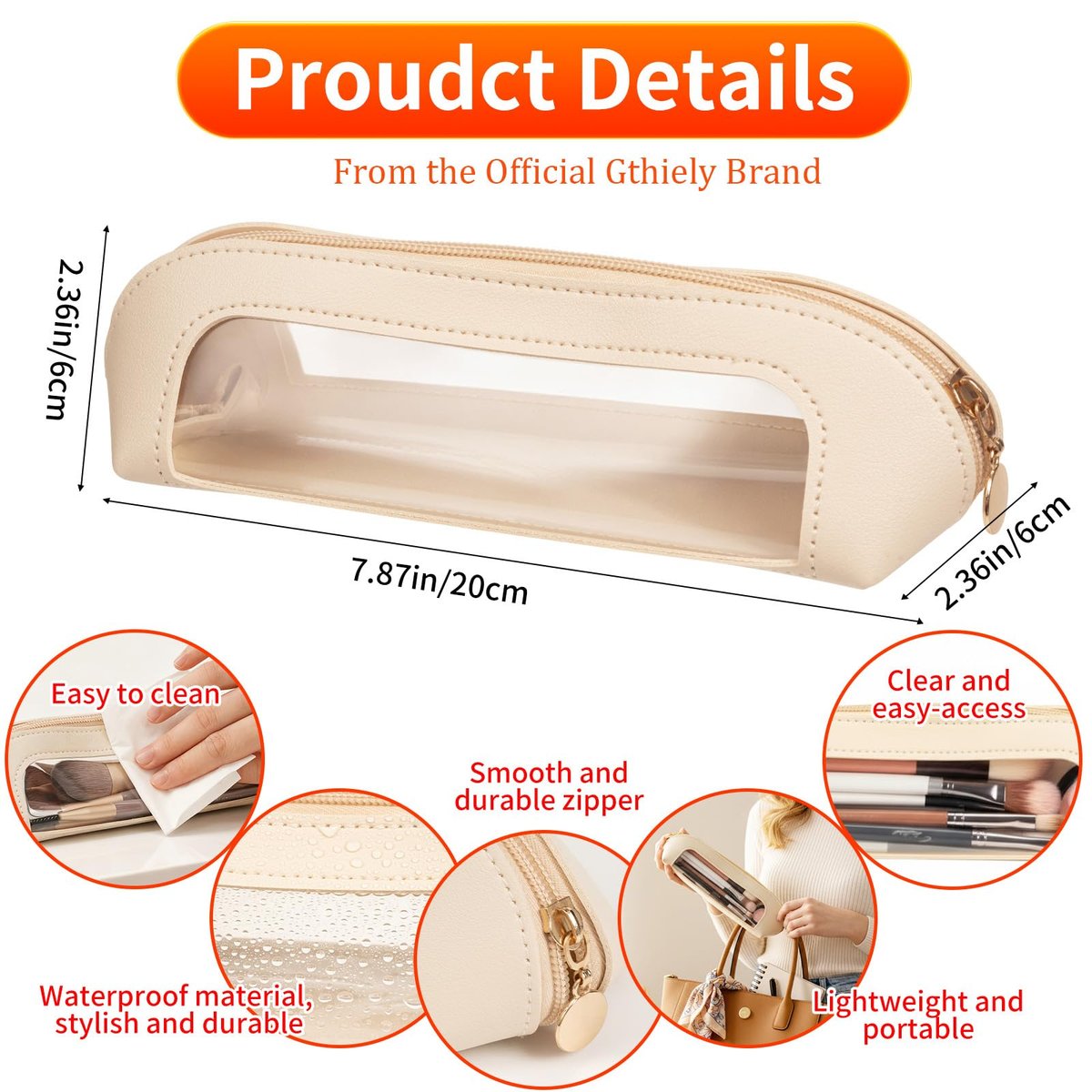 Gthiely Small Double Sided Clear Makeup Bag - Waterproof PU Leather Travel Makeup Brush Case, Cosmetic Organizer Pouch with Zipper for Women, Home, Travel & Office (White) - görsel 3