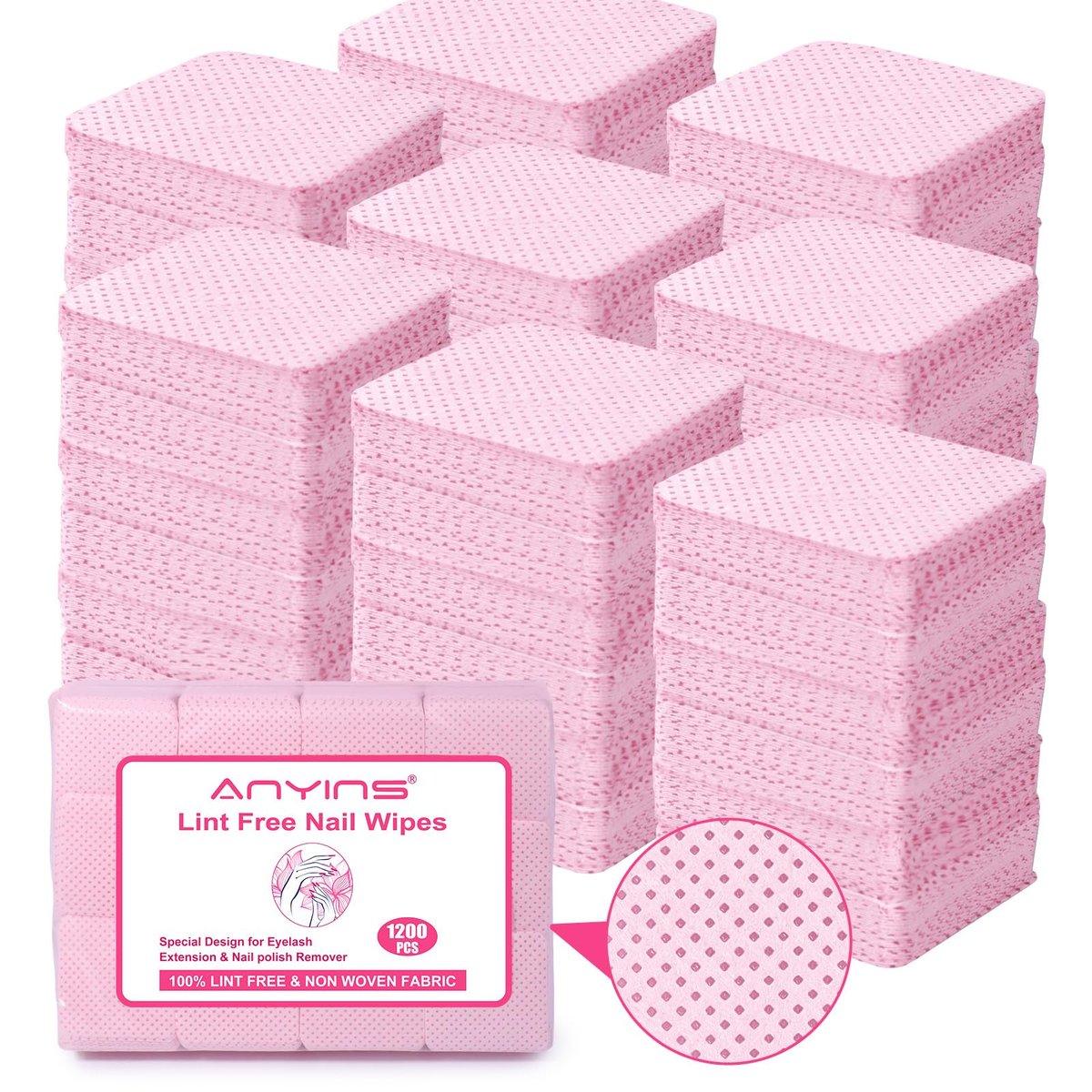 ANYINS Lint Free Nail Wipes 1200 PCS - Non-Woven Fabric Clean Pads for Eyelash Extension & Nail Polish Remover, Super Absorbent Soft Prep Cotton Pads for Salon, Home DIY - görsel 1