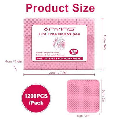 ANYINS Lint Free Nail Wipes 1200 PCS - Non-Woven Fabric Clean Pads for Eyelash Extension & Nail Polish Remover, Super Absorbent Soft Prep Cotton Pads for Salon, Home DIY