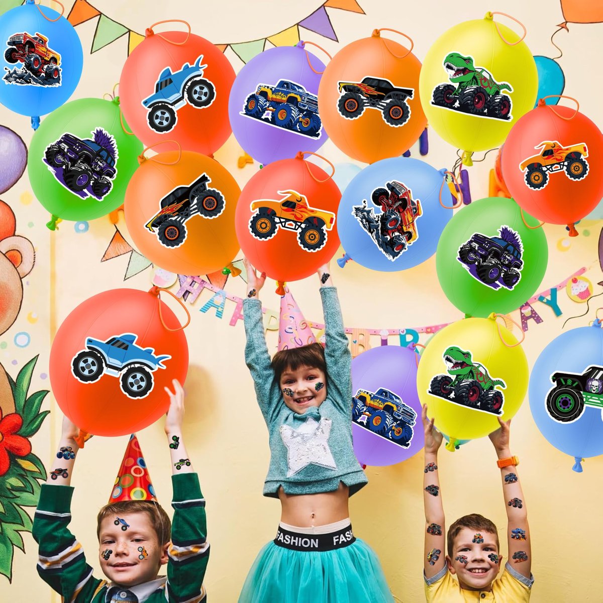 Monster Truck Party Favors – 72 PCS Temporary Tattoos and Punch Balloons for Boys Girls Birthday Decorations Goodie Bag Fillers Classroom Rewards - görsel 5