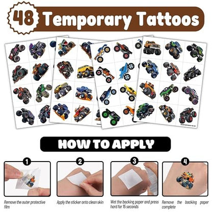 Monster Truck Party Favors – 72 PCS Temporary Tattoos and Punch Balloons for Boys Girls Birthday Decorations Goodie Bag Fillers Classroom Rewards