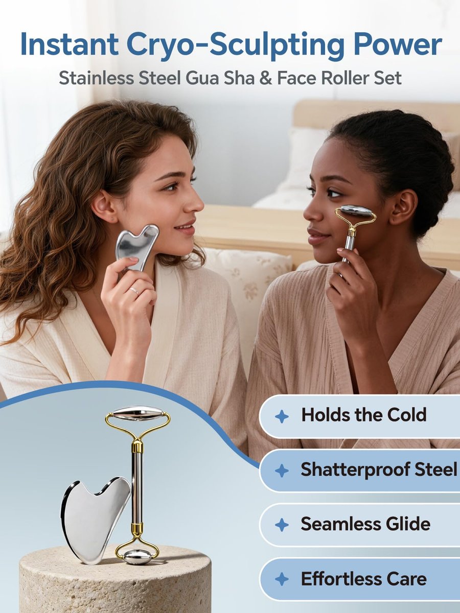 Stainless Steel Face Roller & Gua Sha Set - Facial Massager for Jawline Sculpting & Puffiness Reduction - görsel 3