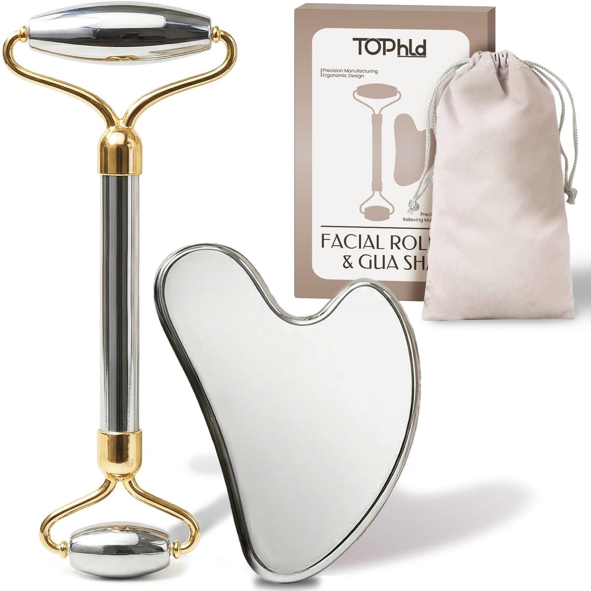 Stainless Steel Face Roller & Gua Sha Set - Facial Massager for Jawline Sculpting & Puffiness Reduction - görsel 1