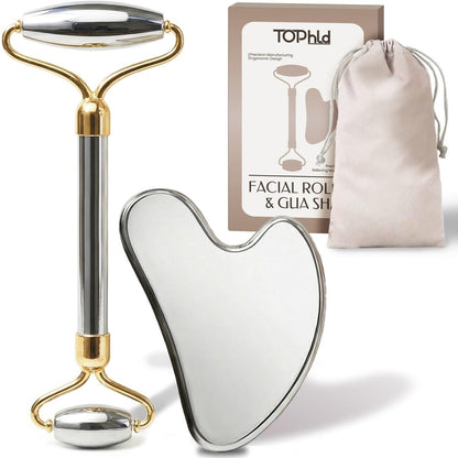 Stainless Steel Face Roller & Gua Sha Set - Facial Massager for Jawline Sculpting & Puffiness Reduction