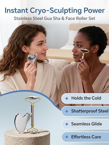 Stainless Steel Face Roller & Gua Sha Set - Facial Massager for Jawline Sculpting & Puffiness Reduction - görsel 4