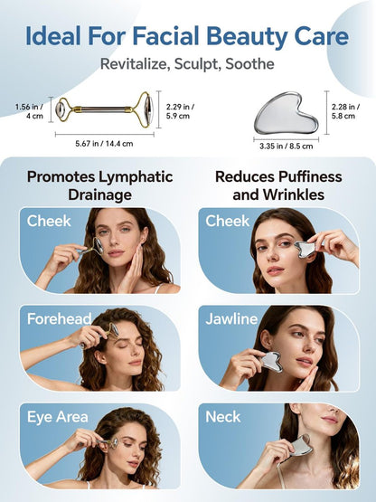 Stainless Steel Face Roller & Gua Sha Set - Facial Massager for Jawline Sculpting & Puffiness Reduction
