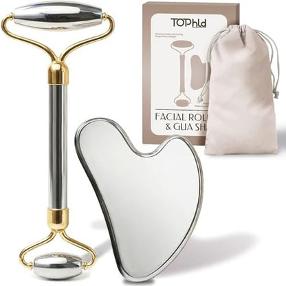 Stainless Steel Face Roller & Gua Sha Set - Facial Massager for Jawline Sculpting & Puffiness Reduction