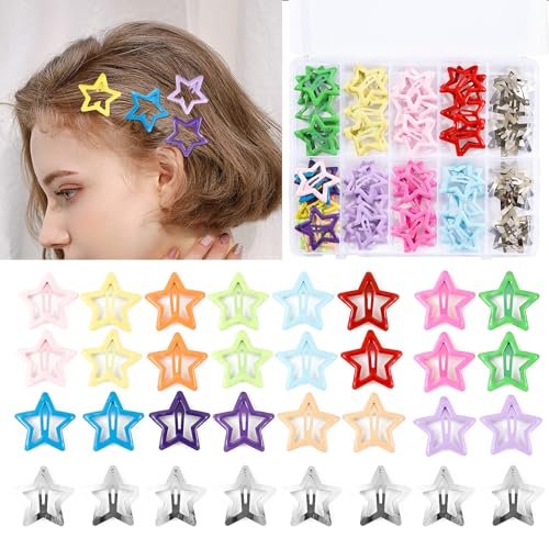 Secmity 55pcs 1.22" Star Hair Clips Cute Hair Clips for Girls Colorful Metal Snap Hair Barrettes for Women Star Hair Accessories for Daily Party - görsel 1