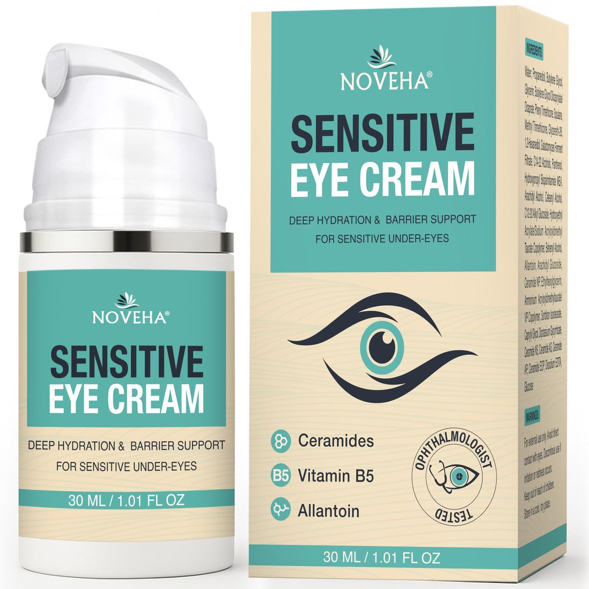 NOVEHA Hydrating Eye Cream for Sensitive Skin - 30 ml / 1 oz - Vegan Ceramide Eye Moisturizer for Dry Eyelids & Under Eyes, Anti-Aging, Fragrance-Free Avelisse