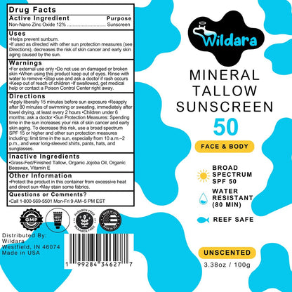 Beef Tallow Sunscreen SPF 50 – Mineral Sunscreen for Face & Body, Unscented, Reef Safe, Water Resistant, Zinc Oxide, Made in USA Avelisse