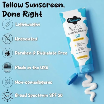 Beef Tallow Sunscreen SPF 50 – Mineral Sunscreen for Face & Body, Unscented, Reef Safe, Water Resistant, Zinc Oxide, Made in USA Avelisse