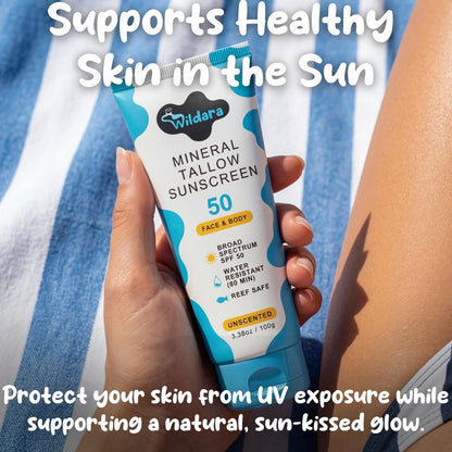 Beef Tallow Sunscreen SPF 50 – Mineral Sunscreen for Face & Body, Unscented, Reef Safe, Water Resistant, Zinc Oxide, Made in USA Avelisse