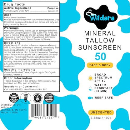 Beef Tallow Sunscreen SPF 50 – Mineral Sunscreen for Face & Body, Unscented, Reef Safe, Water Resistant, Zinc Oxide, Made in USA Avelisse