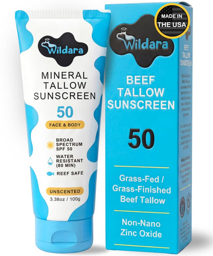 Beef Tallow Sunscreen SPF 50 – Mineral Sunscreen for Face & Body, Unscented, Reef Safe, Water Resistant, Zinc Oxide, Made in USA Avelisse
