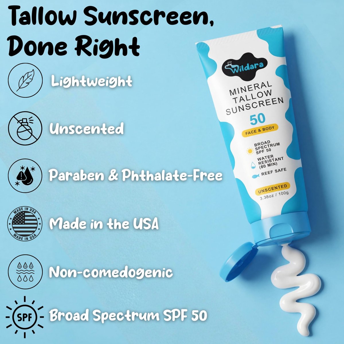 Beef Tallow Sunscreen SPF 50 – Mineral Sunscreen for Face & Body, Unscented, Reef Safe, Water Resistant, Zinc Oxide, Made in USA Avelisse