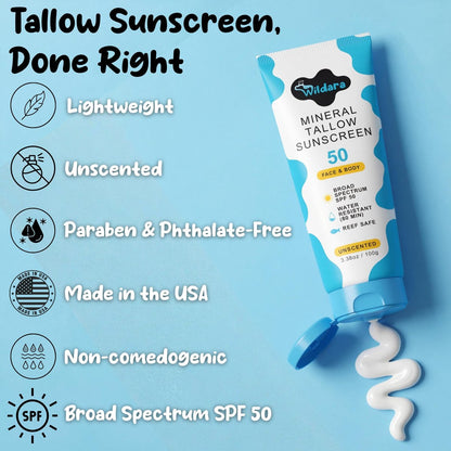 Beef Tallow Sunscreen SPF 50 – Mineral Sunscreen for Face & Body, Unscented, Reef Safe, Water Resistant, Zinc Oxide, Made in USA Avelisse
