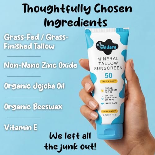 Beef Tallow Sunscreen SPF 50 – Mineral Sunscreen for Face & Body, Unscented, Reef Safe, Water Resistant, Zinc Oxide, Made in USA Avelisse