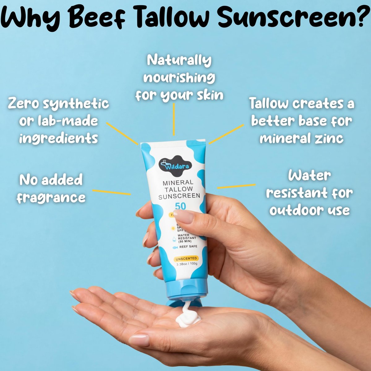 Beef Tallow Sunscreen SPF 50 – Mineral Sunscreen for Face & Body, Unscented, Reef Safe, Water Resistant, Zinc Oxide, Made in USA Avelisse