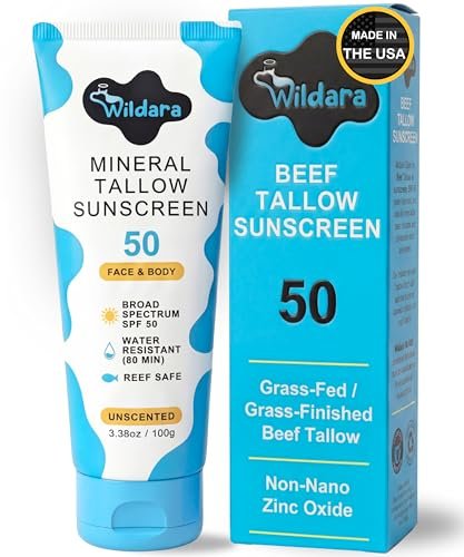 Beef Tallow Sunscreen SPF 50 – Mineral Sunscreen for Face & Body, Unscented, Reef Safe, Water Resistant, Zinc Oxide, Made in USA Avelisse