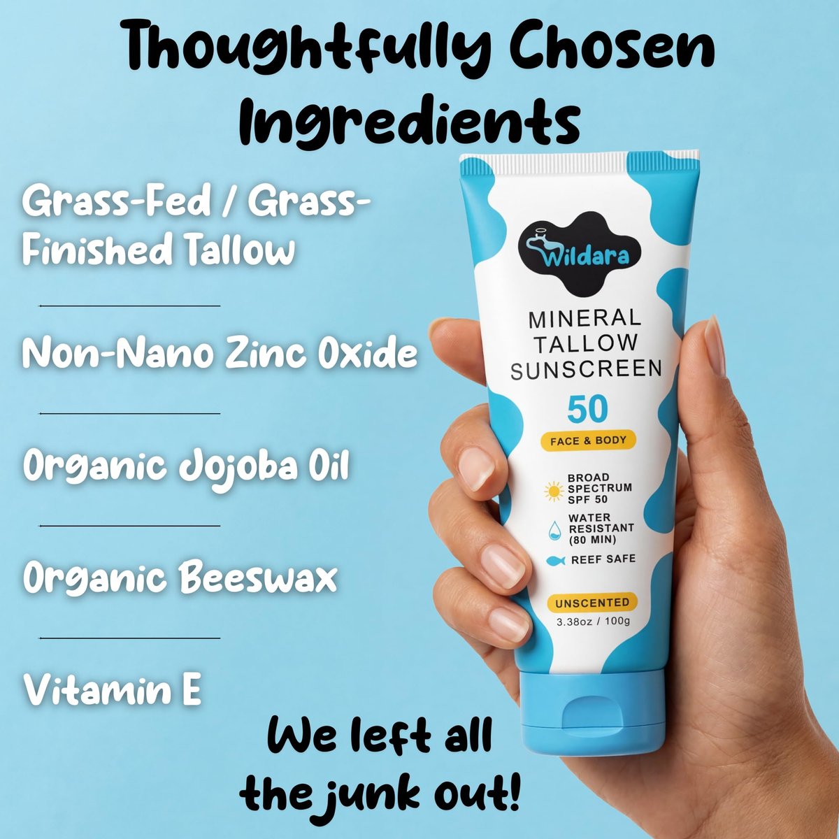 Beef Tallow Sunscreen SPF 50 – Mineral Sunscreen for Face & Body, Unscented, Reef Safe, Water Resistant, Zinc Oxide, Made in USA Avelisse