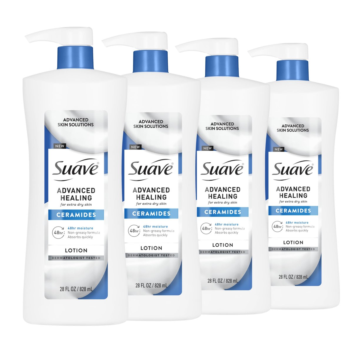 Suave Advanced Healing Hand & Body Lotion with Ceramides for Very Dry Skin, Hydrating Non-Greasy Moisturizing Cream, Lightly Scented, 28 FL OZ Pump (Pack of 4) Avelisse