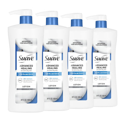 Suave Advanced Healing Hand & Body Lotion with Ceramides for Very Dry Skin, Hydrating Non-Greasy Moisturizing Cream, Lightly Scented, 28 FL OZ Pump (Pack of 4) Avelisse