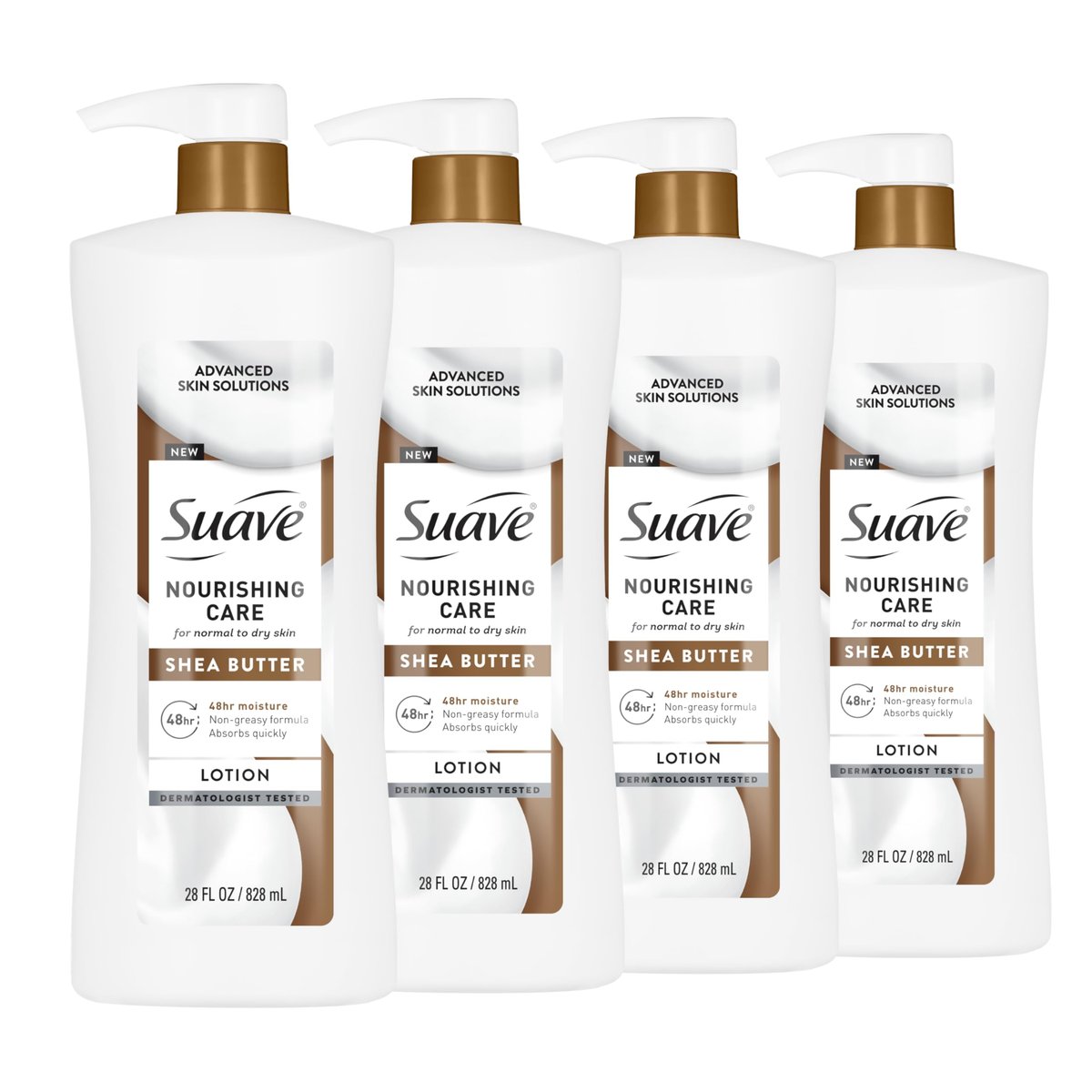 Suave Nourishing Care Hand & Body Lotion with Shea Butter, Deep Moisture for Dry Skin, Fast Absorbing, Hypoallergenic, 28 FL OZ (4 Pack) Avelisse