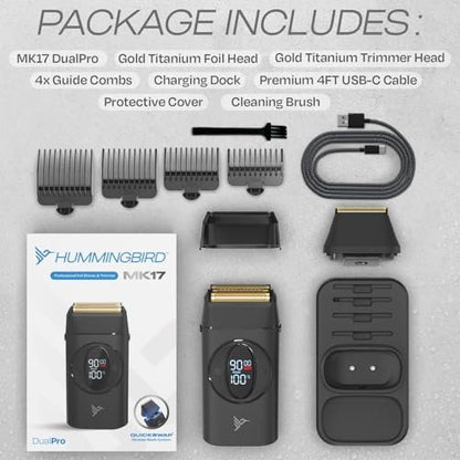 HUMMINGBIRD MK17 DualPro Foil Shaver & Beard Trimmer for Men – Gold Titanium Blades, Turbo Shaving & Torque Control, Metal Body, Digital Battery & RPM Display, Wet/Dry, USB-C & Wireless Charging Dock Avelisse