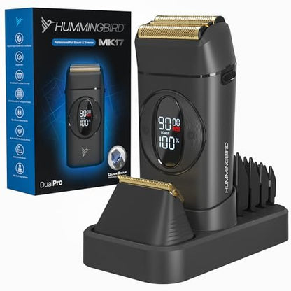 HUMMINGBIRD MK17 DualPro Foil Shaver & Beard Trimmer for Men – Gold Titanium Blades, Turbo Shaving & Torque Control, Metal Body, Digital Battery & RPM Display, Wet/Dry, USB-C & Wireless Charging Dock Avelisse