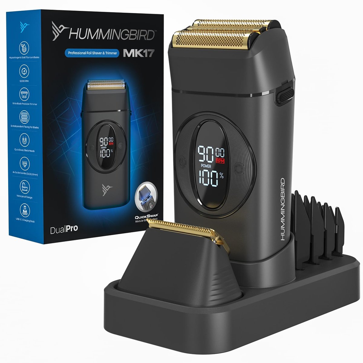 HUMMINGBIRD MK17 DualPro Foil Shaver & Beard Trimmer for Men – Gold Titanium Blades, Turbo Shaving & Torque Control, Metal Body, Digital Battery & RPM Display, Wet/Dry, USB-C & Wireless Charging Dock Avelisse