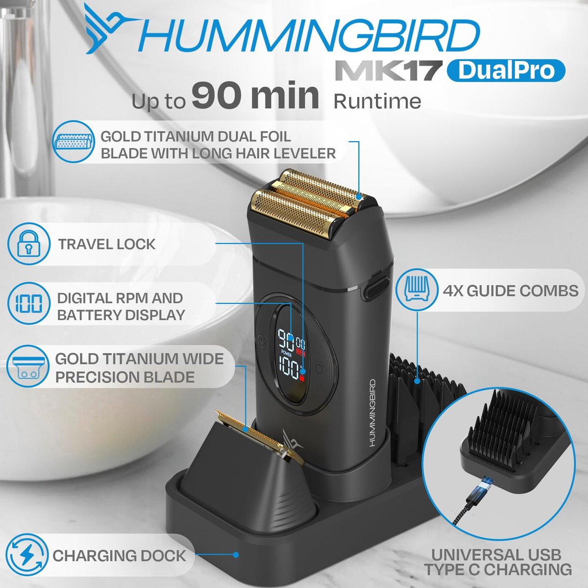 HUMMINGBIRD MK17 DualPro Foil Shaver & Beard Trimmer for Men – Gold Titanium Blades, Turbo Shaving & Torque Control, Metal Body, Digital Battery & RPM Display, Wet/Dry, USB-C & Wireless Charging Dock Avelisse