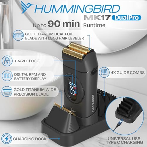 HUMMINGBIRD MK17 DualPro Foil Shaver & Beard Trimmer for Men – Gold Titanium Blades, Turbo Shaving & Torque Control, Metal Body, Digital Battery & RPM Display, Wet/Dry, USB-C & Wireless Charging Dock Avelisse