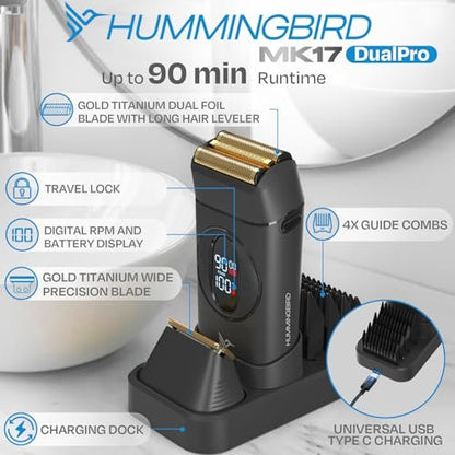 HUMMINGBIRD MK17 DualPro Foil Shaver & Beard Trimmer for Men – Gold Titanium Blades, Turbo Shaving & Torque Control, Metal Body, Digital Battery & RPM Display, Wet/Dry, USB-C & Wireless Charging Dock Avelisse