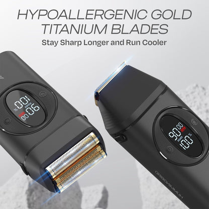 HUMMINGBIRD MK17 DualPro Foil Shaver & Beard Trimmer for Men – Gold Titanium Blades, Turbo Shaving & Torque Control, Metal Body, Digital Battery & RPM Display, Wet/Dry, USB-C & Wireless Charging Dock Avelisse