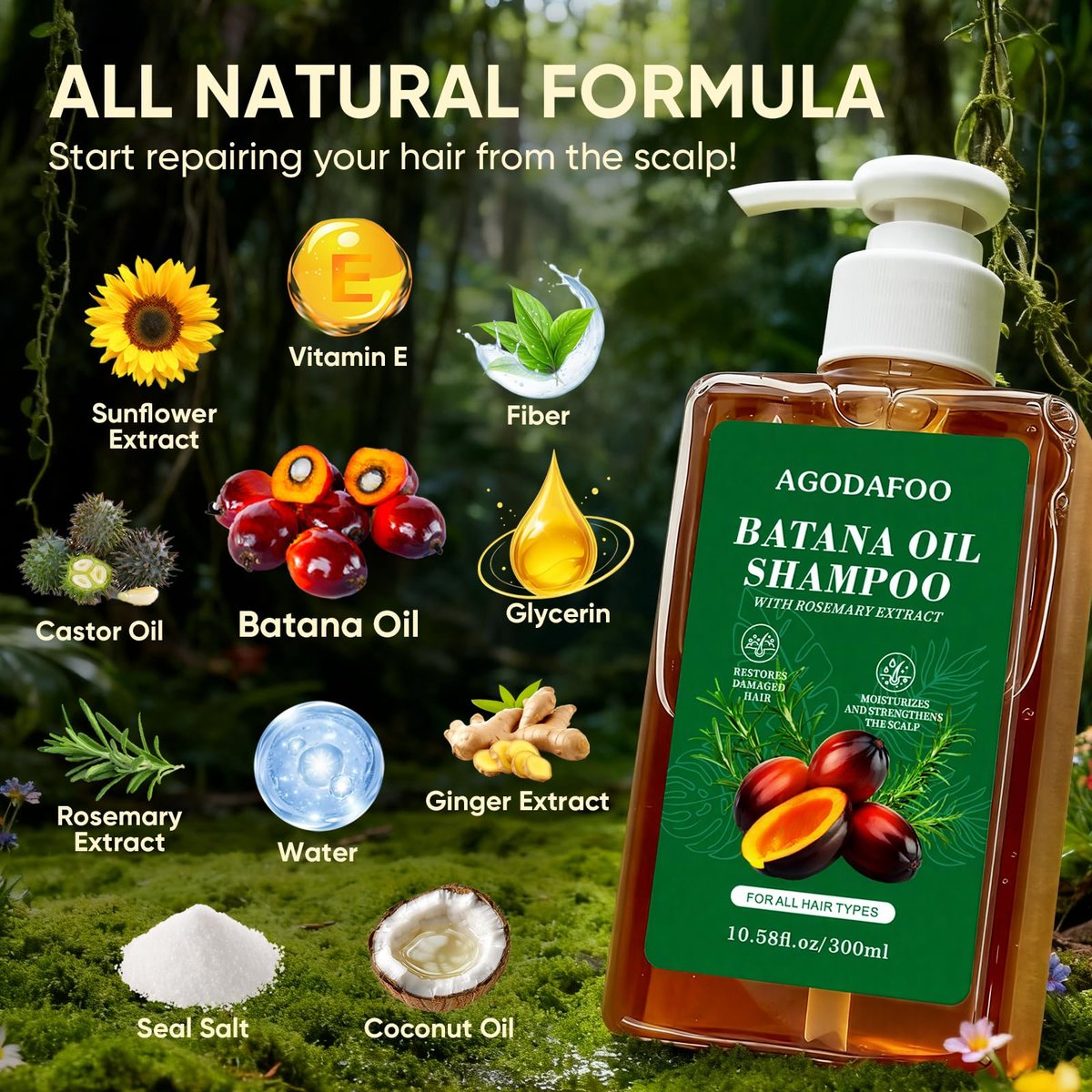 Batana Oil & Rosemary Shampoo for Hair Growth – Reduces Hair Loss, Restores Vitality, Stimulates Regrowth for Men & Women (10.58 fl oz) - görsel 9