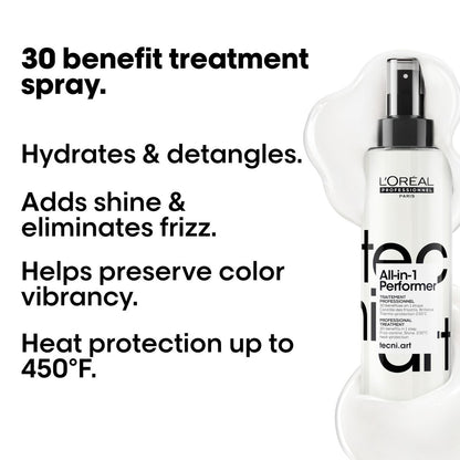 L'Oréal Professionnel Tecni.art All-in-1 Performer Styling Treatment Spray – 30 Benefits in 1, Leave-In, Heat Protection up to 450°F, Anti-Frizz, Shine, Conditioning & Detangling Avelisse