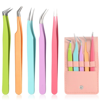 5pcs Eyelash Extension Tweezers High Precision - Straight and Curved Volume Lash Tweezers for Extensions, Crafting, Beginners