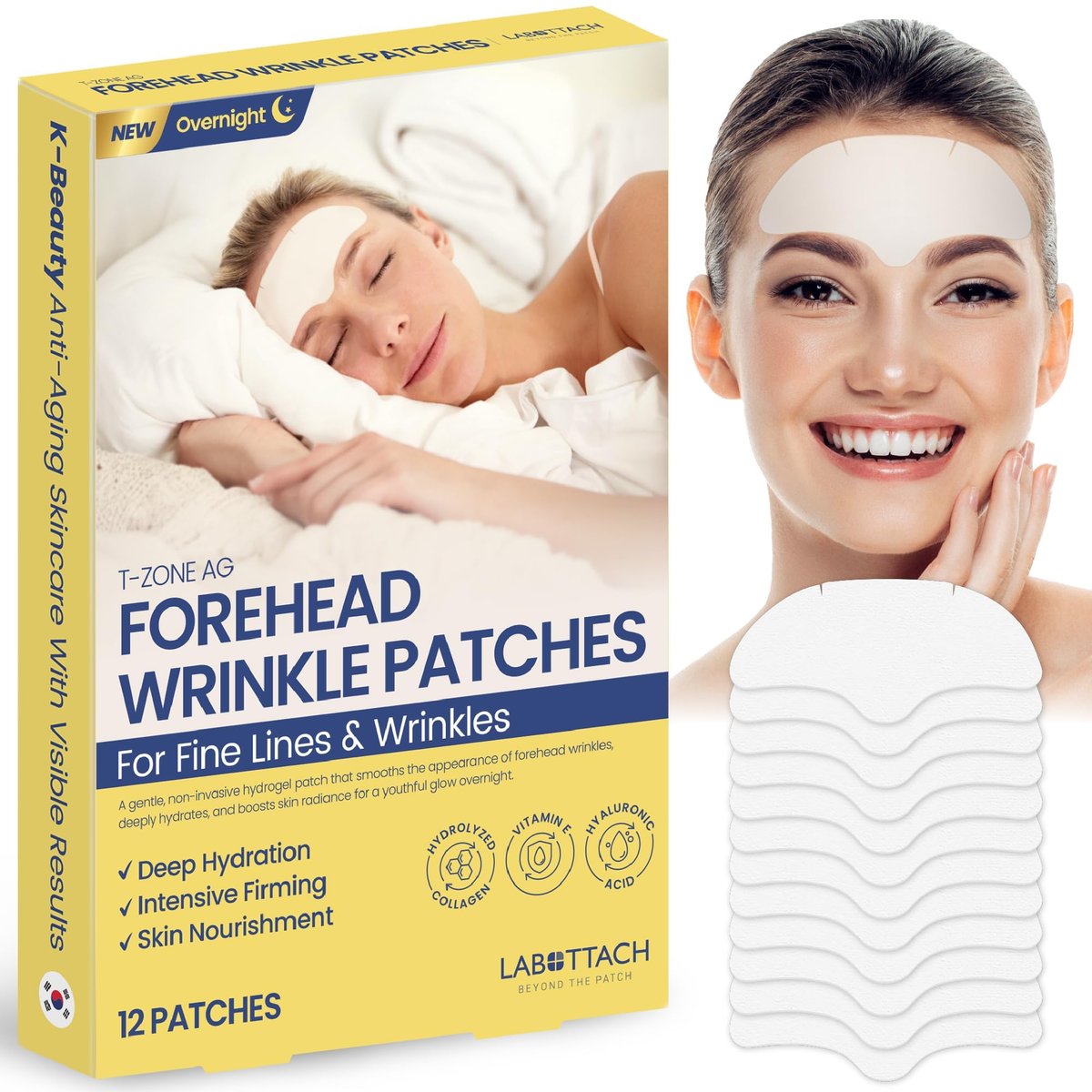 Wooshin Labottach Forehead Wrinkle Patches Overnight 12ct - Korean Hydrogel Anti Wrinkle Patches with Collagen, Hyaluronic Acid and Vitamin E for Forehead Lines Avelisse