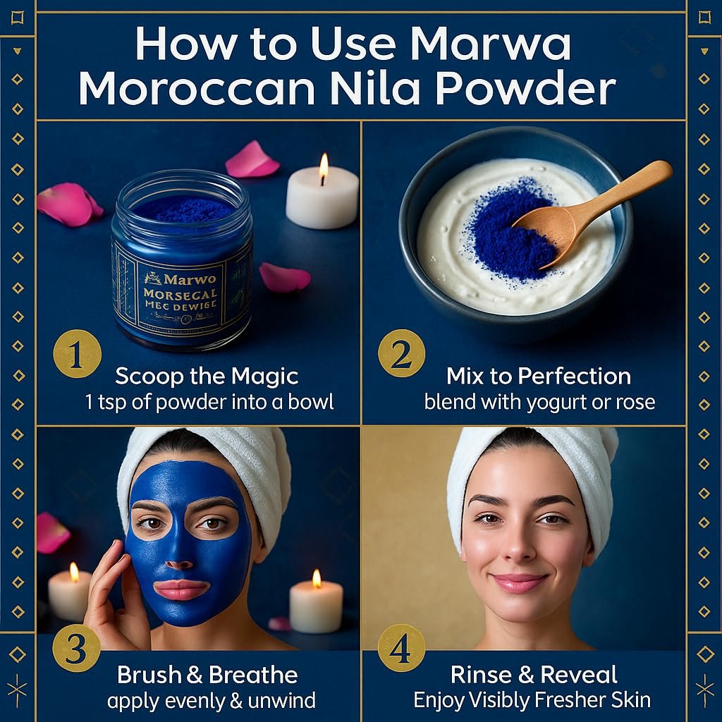 Dar Marwa Moroccan Nila Powder – 100% Pure Saharan Indigo Face, Body & Hair Mask | Brightens, Exfoliates & Evens Skin Tone | Handmade Hammam Ritual | Vegan, Detoxifying | 1.7 Oz (50g) Avelisse