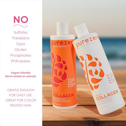 Purezero Collagen Silicone Free Shampoo & Conditioner Set - Strengthening & Hydrating for Dry or Damaged Hair - Plant-Based Collagen, Sulfate-Free, Paraben-Free, Cruelty-Free, 2 × 12 oz Avelisse